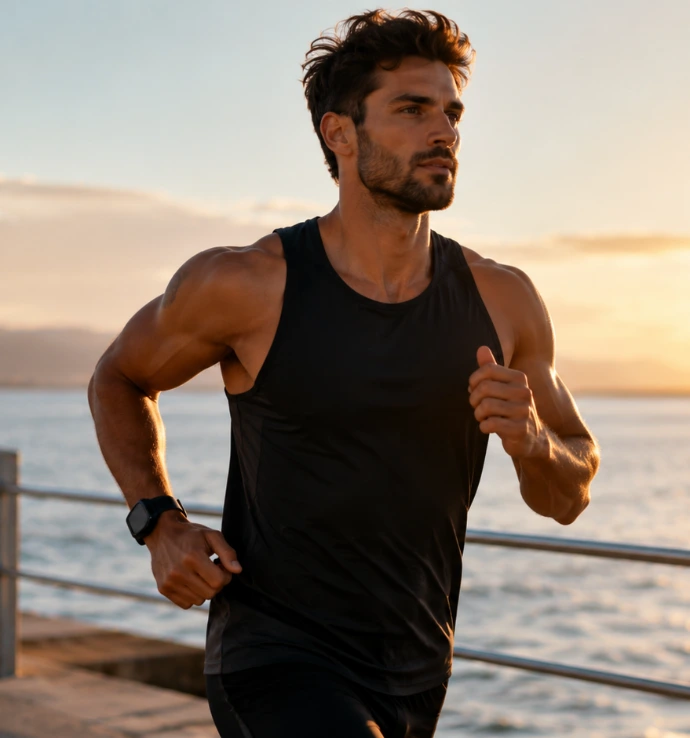 Sportif en phase de récupération physique après un effort intense.
