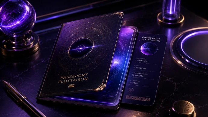 Passeport Flottaison Zero Gravity Center présenté dans un univers futuriste inspiré du voyage intérieur, de l'exploration de soi et de l'apesanteur.