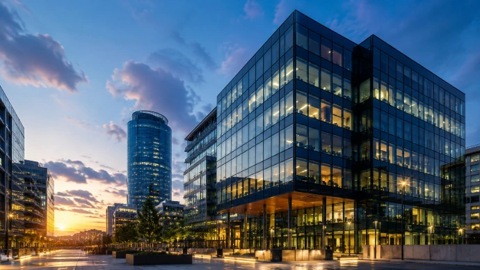 Immeuble de bureaux moderne avec façade en verre au coucher du soleil, symbole d’innovation, de performance et d’environnement professionnel haut de gamme.